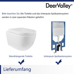 DeerValley wall-hung rimless toilet with super-powerful all-around flush, soft-close toilet seat with full-enclosing design, smooth ceramic surface, white toilet bowl 525 x 358 mm, DE