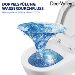 DeerValley wall-hung rimless toilet with super-powerful all-around flush, soft-close toilet seat with full-enclosing design, smooth ceramic surface, white toilet bowl 525 x 358 mm, DE