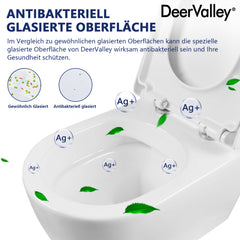 DeerValley wall-hung rimless toilet with super-powerful all-around flush, soft-close toilet seat with full-enclosing design, smooth ceramic surface, white toilet bowl 525 x 358 mm, DE