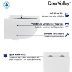DeerValley wall-hung rimless toilet with super-powerful all-around flush, soft-close toilet seat with full-enclosing design, smooth ceramic surface, white toilet bowl 525 x 358 mm, DE