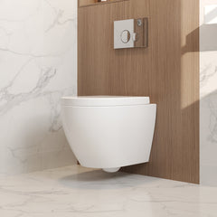 DeerValley wall-hung rimless toilet with super-powerful all-around flush, soft-close toilet seat with full-enclosing design, smooth ceramic surface, white toilet bowl 525 x 358 mm, DE