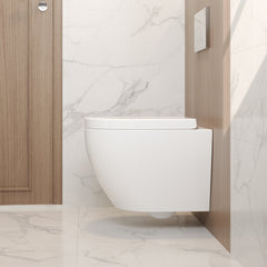 DeerValley wall-hung rimless toilet with super-powerful all-around flush, soft-close toilet seat with full-enclosing design, smooth ceramic surface, white toilet bowl 525 x 358 mm, DE
