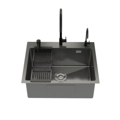 DeerValley DV-EU1K0390 55 cm x 45 cm Einbau-Küchenspüle mit Wasserhahn-Set, Nano-Schwarz Edelstahl Handgefertigte Aufsatzspüle mit großem Einzelbecken, ausziehbarem Abtropfkorb und Pop-up-Ablauf,DE