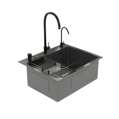 DeerValley DV-EU1K0390 Évier de cuisine encastrable 55 cm x 45 cm avec ensemble robinet, évier simple en acier inoxydable noir nano, fait à la main, avec panier égouttoir rétractable et bonde à pression,FR