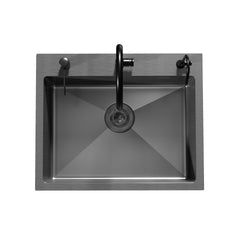 DeerValley DV-EU1K0390 Évier de cuisine encastrable 55 cm x 45 cm avec ensemble robinet, évier simple en acier inoxydable noir nano, fait à la main, avec panier égouttoir rétractable et bonde à pression,FR