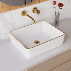 DeerValley DV-1V0365 Lavabo vasque rectangulaire 48 x 38 cm avec bordure dorée, lavabo de salle de bain en céramique blanche rectangulaire à poser sur plan, vasque artistique en porcelaine, lavabo moderne 48 cm,FR