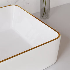 DeerValley DV-1V0365 Lavabo vasque rectangulaire 48 x 38 cm avec bordure dorée, lavabo de salle de bain en céramique blanche rectangulaire à poser sur plan, vasque artistique en porcelaine, lavabo moderne 48 cm,FR