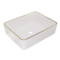 DeerValley DV-1V0365 Lavabo vasque rectangulaire 48 x 38 cm avec bordure dorée, lavabo de salle de bain en céramique blanche rectangulaire à poser sur plan, vasque artistique en porcelaine, lavabo moderne 48 cm,FR