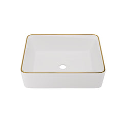 DeerValley DV-1V0365 Lavabo vasque rectangulaire 48 x 38 cm avec bordure dorée, lavabo de salle de bain en céramique blanche rectangulaire à poser sur plan, vasque artistique en porcelaine, lavabo moderne 48 cm,FR