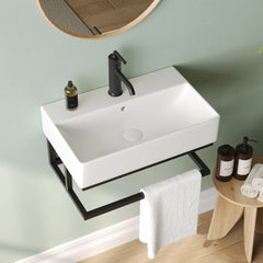 DeerValley Lavabo mural 56 x 36 cm avec barre porte-serviettes noire, lavabo rectangulaire de salle de bain avec trop-plein,FR