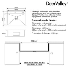 DeerValley DV-EU1K0390 Évier de cuisine encastrable 55 cm x 45 cm avec ensemble robinet, évier simple en acier inoxydable noir nano, fait à la main, avec panier égouttoir rétractable et bonde à pression,FR