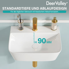DeerValley DV-EU1WS0433 Wandmontiertes Badezimmer-Waschbecken, Rechteckiges Keramikbecken, Modernes Weiß, Wand- oder Aufsatzmontage, Ohne Überlauf, Mit Wasserloch, 41×32×12 cm,DE
