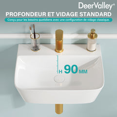 Lavabo mural DeerValley DV-EU1WS0433, Vasque rectangulaire en céramique, Blanc moderne, Installation murale ou sur plan, Sans trop-plein, Avec trou pour robinet, 41×32×12 cm,FR