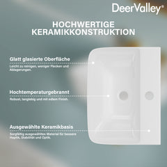 DeerValley DV-EU1WS0433 Wandmontiertes Badezimmer-Waschbecken, Rechteckiges Keramikbecken, Modernes Weiß, Wand- oder Aufsatzmontage, Ohne Überlauf, Mit Wasserloch, 41×32×12 cm,DE