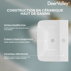 Lavabo mural DeerValley DV-EU1WS0433, Vasque rectangulaire en céramique, Blanc moderne, Installation murale ou sur plan, Sans trop-plein, Avec trou pour robinet, 41×32×12 cm,FR