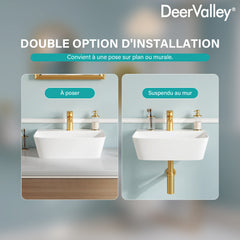 Lavabo mural DeerValley DV-EU1WS0433, Vasque rectangulaire en céramique, Blanc moderne, Installation murale ou sur plan, Sans trop-plein, Avec trou pour robinet, 41×32×12 cm,FR