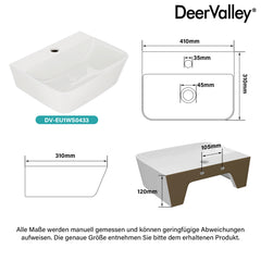 DeerValley DV-EU1WS0433 Wandmontiertes Badezimmer-Waschbecken, Rechteckiges Keramikbecken, Modernes Weiß, Wand- oder Aufsatzmontage, Ohne Überlauf, Mit Wasserloch, 41×32×12 cm,DE
