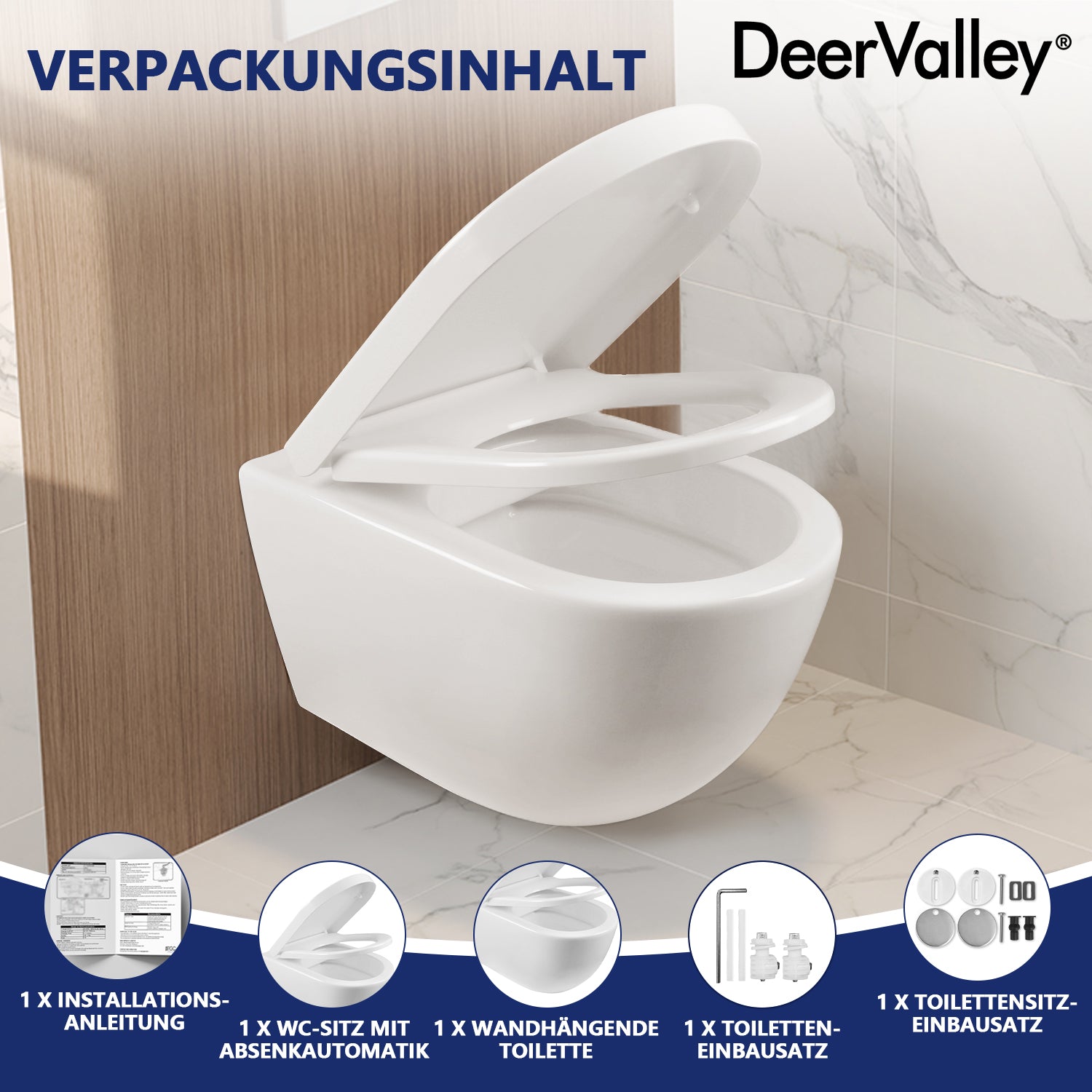 DeerValley wall-hung rimless toilet with super-powerful all-around flush, soft-close toilet seat with full-enclosing design, smooth ceramic surface, white toilet bowl 525 x 358 mm, DE 