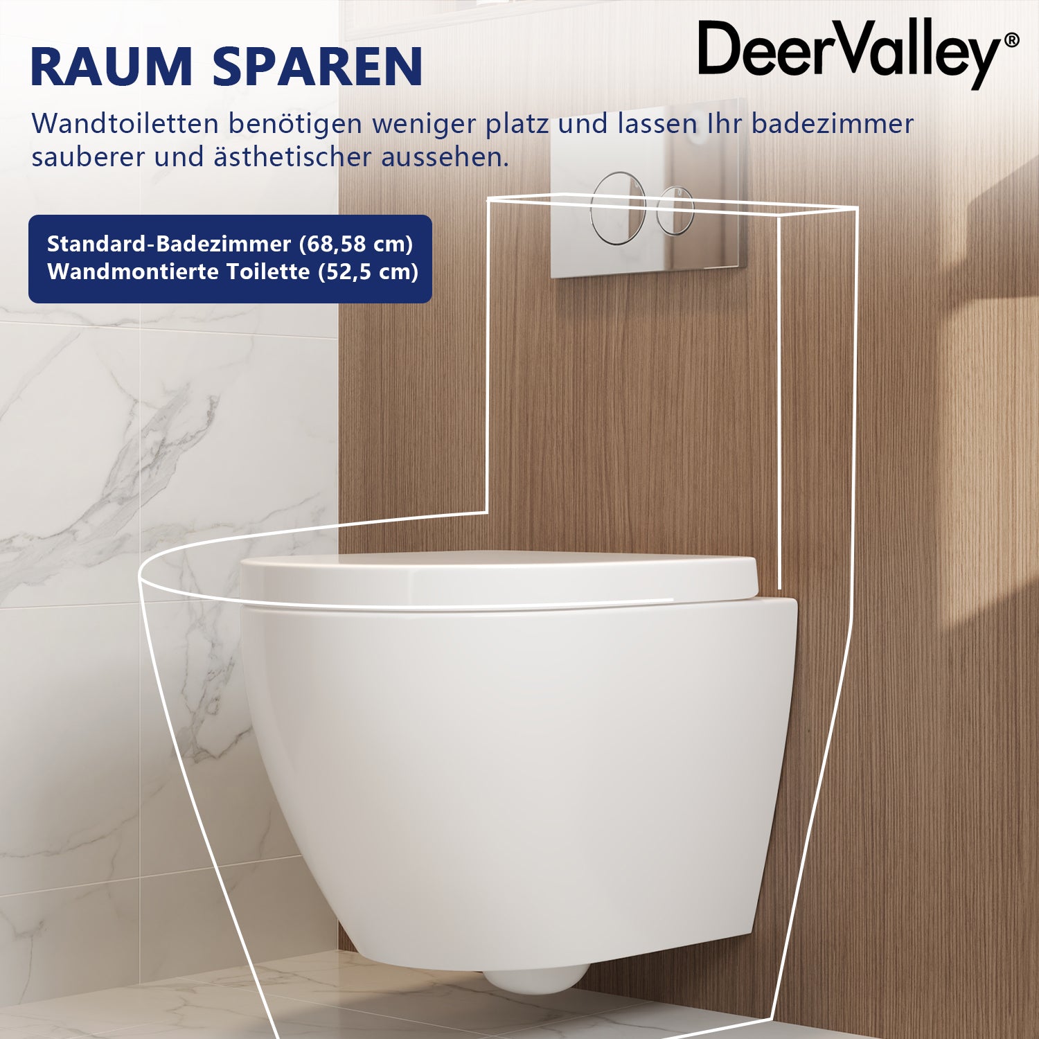 DeerValley wall-hung rimless toilet with super-powerful all-around flush, soft-close toilet seat with full-enclosing design, smooth ceramic surface, white toilet bowl 525 x 358 mm, DE 