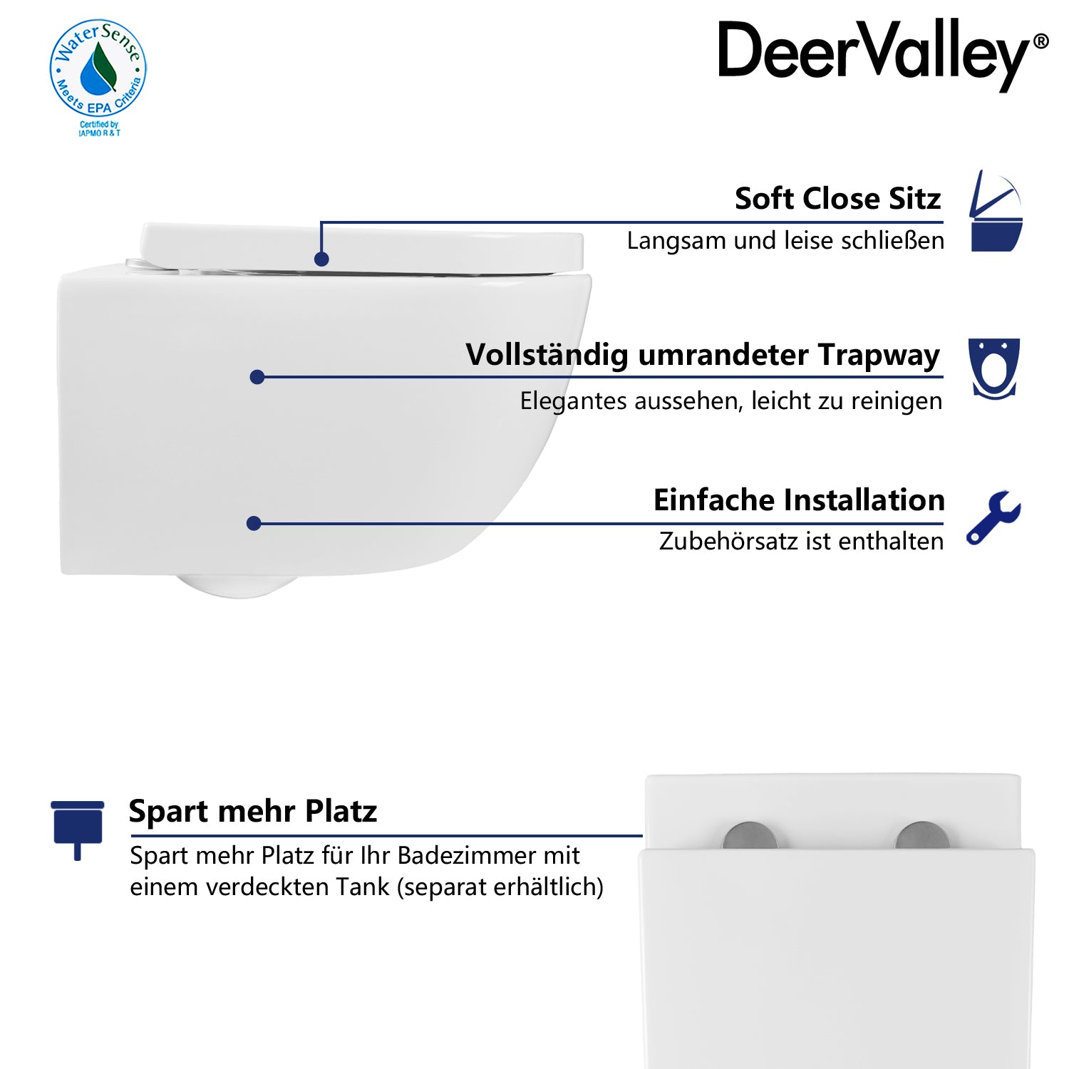 DeerValley wall-hung rimless toilet with super-powerful all-around flush, soft-close toilet seat with full-enclosing design, smooth ceramic surface, white toilet bowl 525 x 358 mm, DE 
