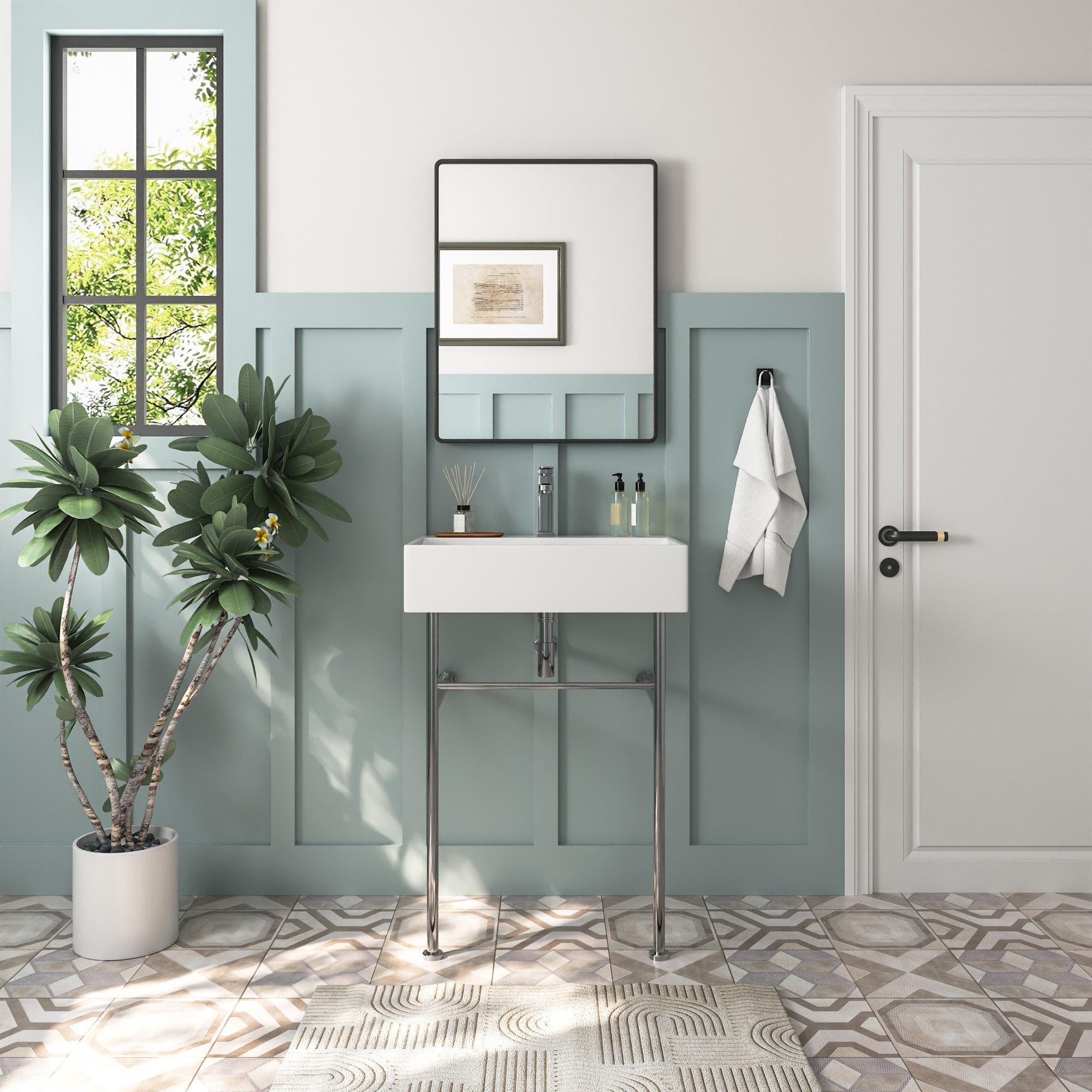DeerValley Console Washbasin – Double ceramic washbasin with stainless steel frame and towel rails, ideal for family bathrooms, DE 