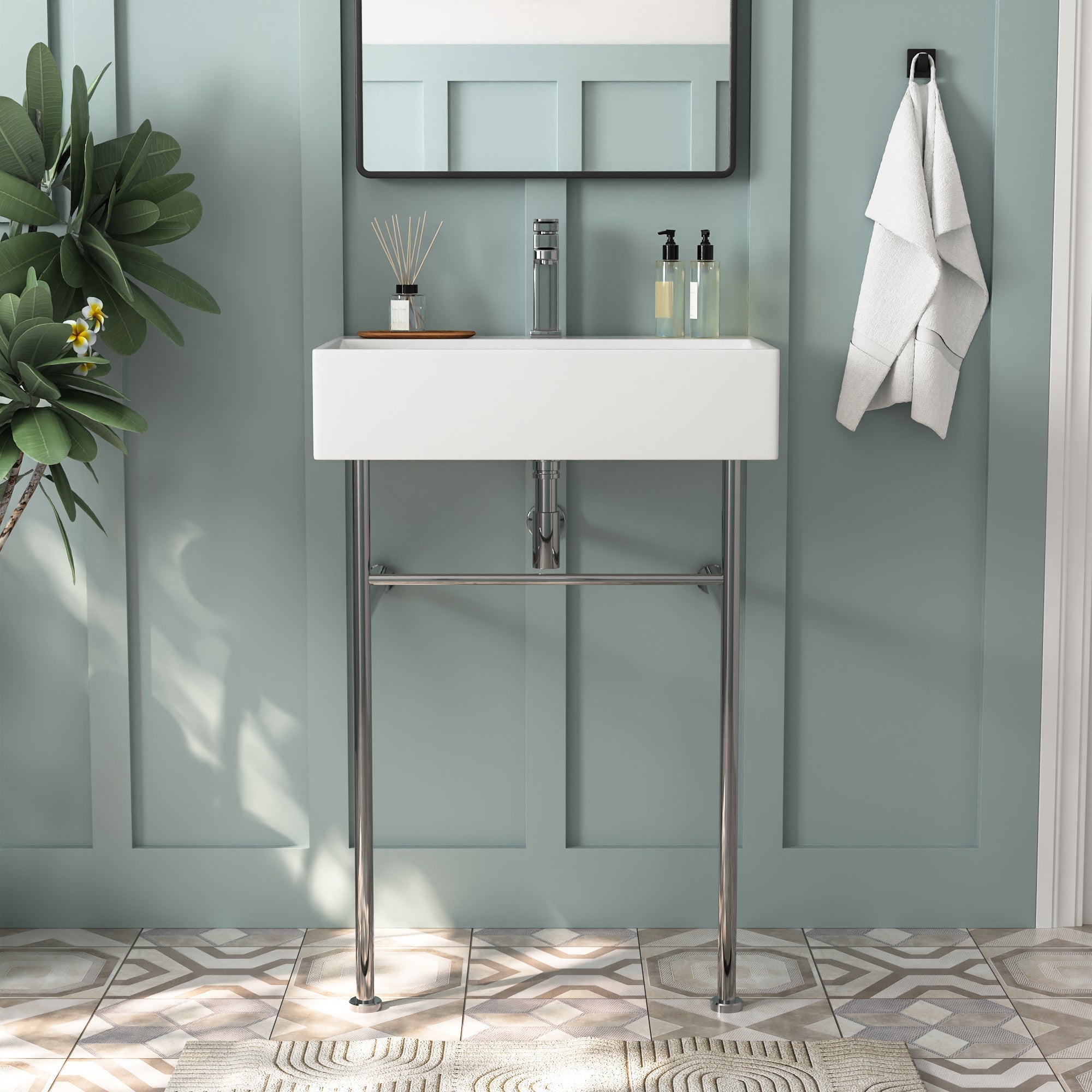 DeerValley Console Washbasin – Double ceramic washbasin with stainless steel frame and towel rails, ideal for family bathrooms, DE 