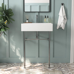 Lavabo console DeerValley – Double vasque en céramique avec structure en acier inoxydable et porte-serviettes, idéal pour les salles de bain familiales.FR