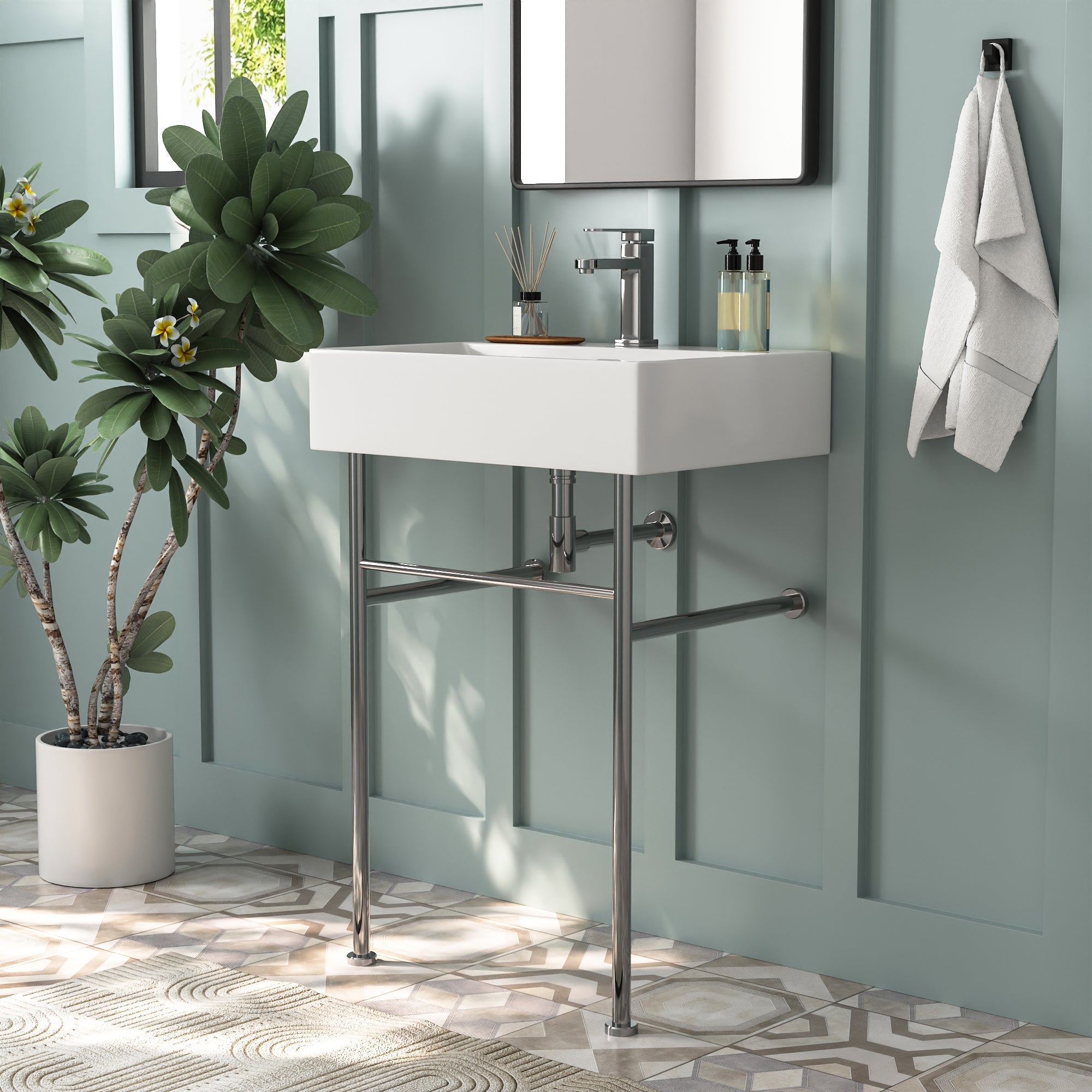 DeerValley Console Washbasin – Double ceramic washbasin with stainless steel frame and towel rails, ideal for family bathrooms, DE 