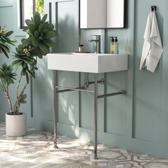 Lavabo console DeerValley – Double vasque en céramique avec structure en acier inoxydable et porte-serviettes, idéal pour les salles de bain familiales.FR