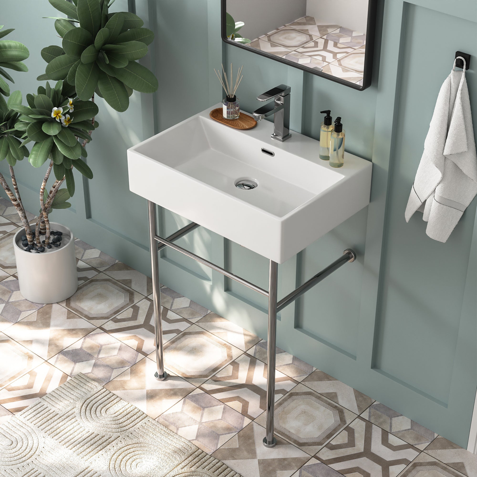 DeerValley Console Washbasin – Double ceramic washbasin with stainless steel frame and towel rails, ideal for family bathrooms, DE 