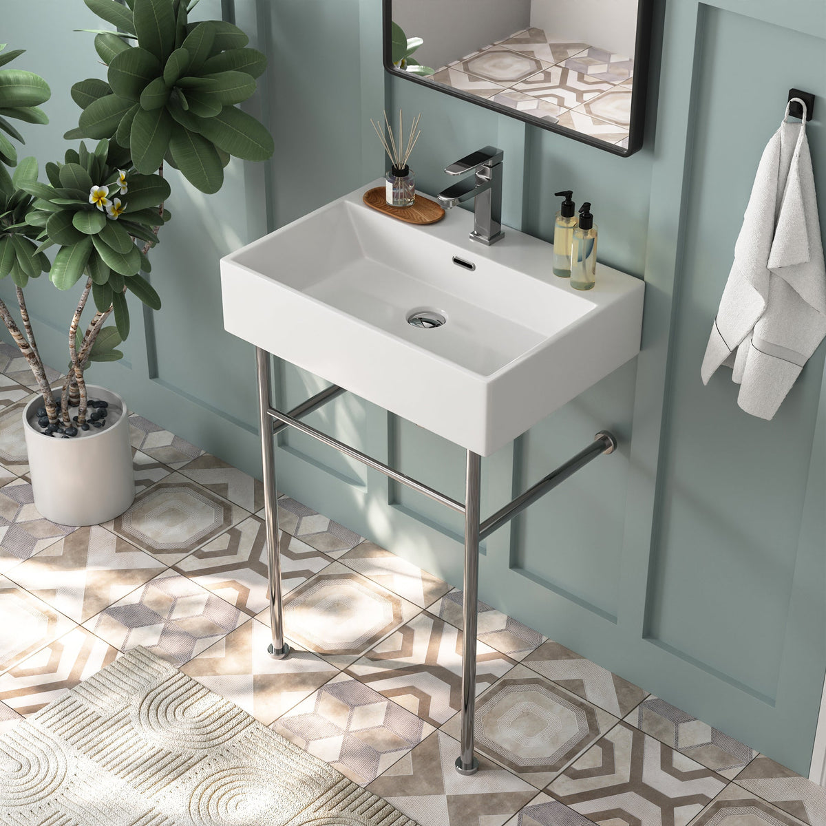 DeerValley Console Washbasin – Double ceramic washbasin with stainless steel frame and towel rails, ideal for family bathrooms, DE 