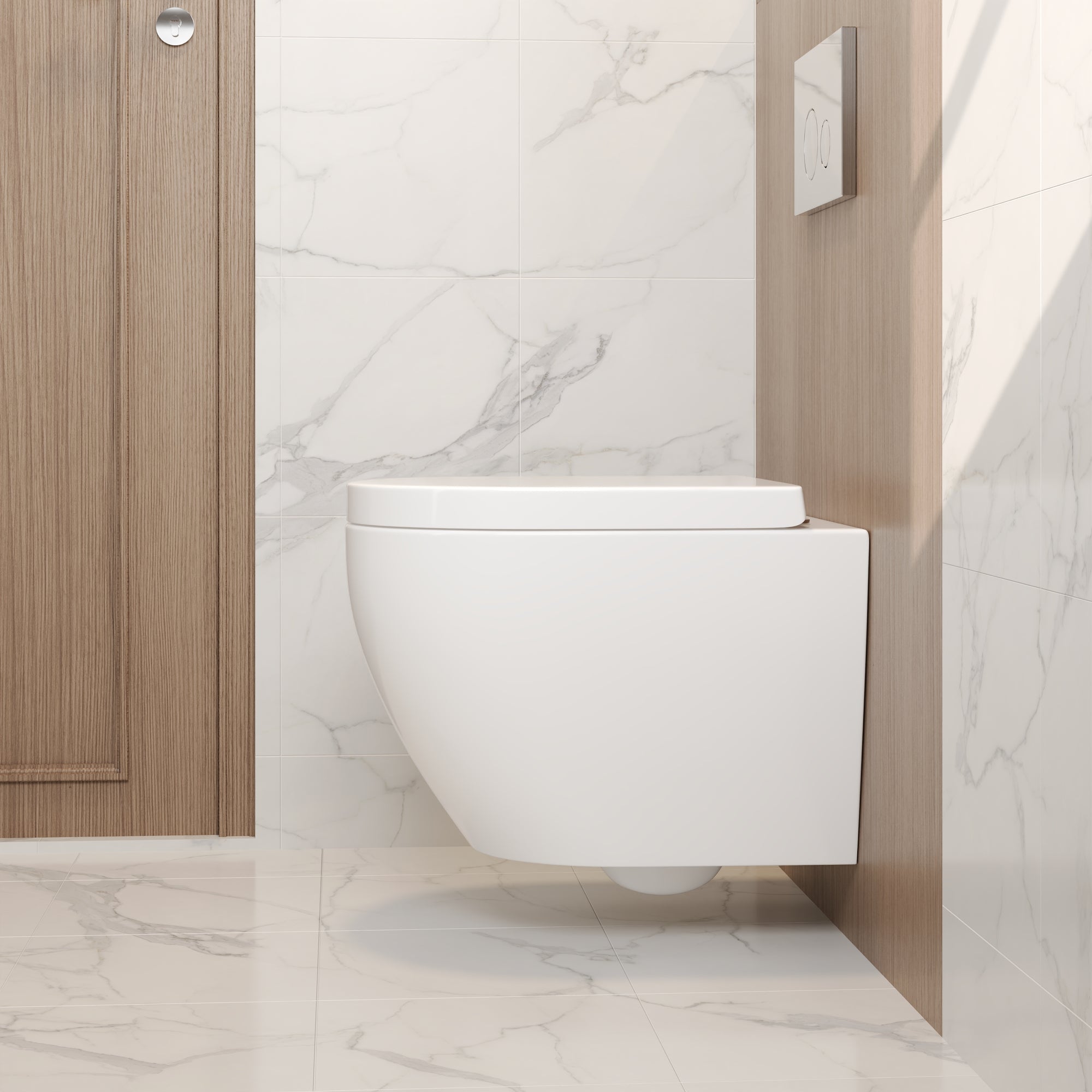 DeerValley wall-hung rimless toilet with super-powerful all-around flush, soft-close toilet seat with full-enclosing design, smooth ceramic surface, white toilet bowl 525 x 358 mm, DE 