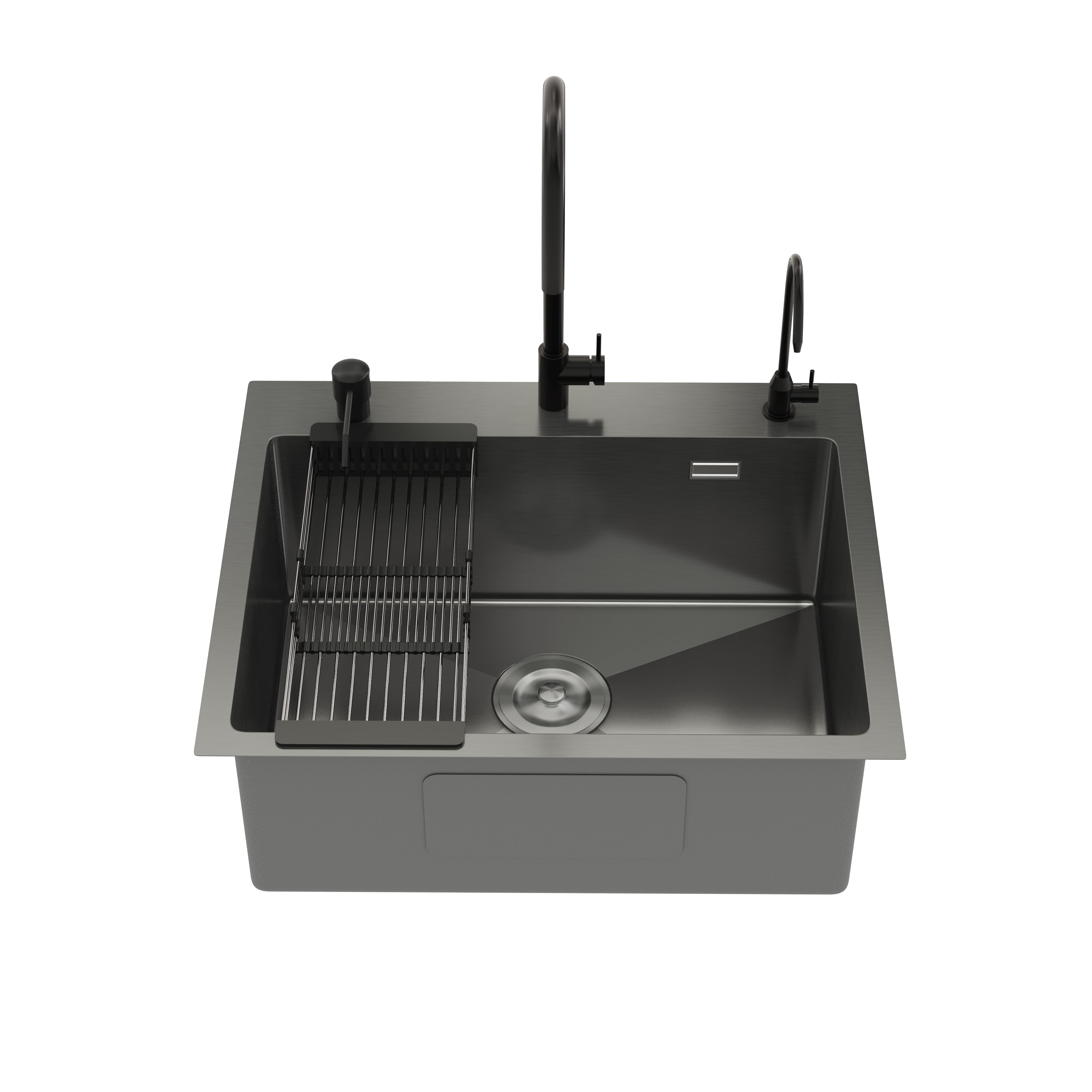 DeerValley DV-EU1K0390 Évier de cuisine encastrable 55 cm x 45 cm avec ensemble robinet, évier simple en acier inoxydable noir nano, fait à la main, avec panier égouttoir rétractable et bonde à pression,FR