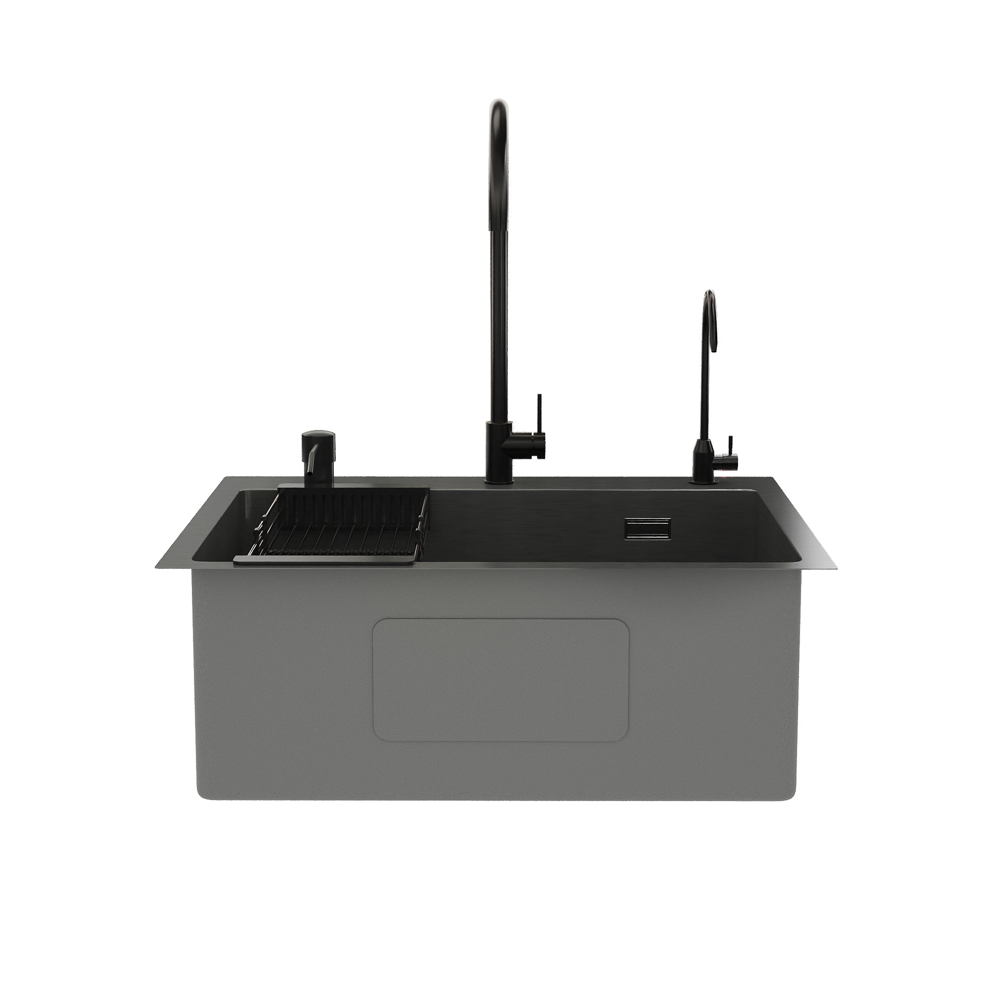 DeerValley DV-EU1K0390 Évier de cuisine encastrable 55 cm x 45 cm avec ensemble robinet, évier simple en acier inoxydable noir nano, fait à la main, avec panier égouttoir rétractable et bonde à pression,FR