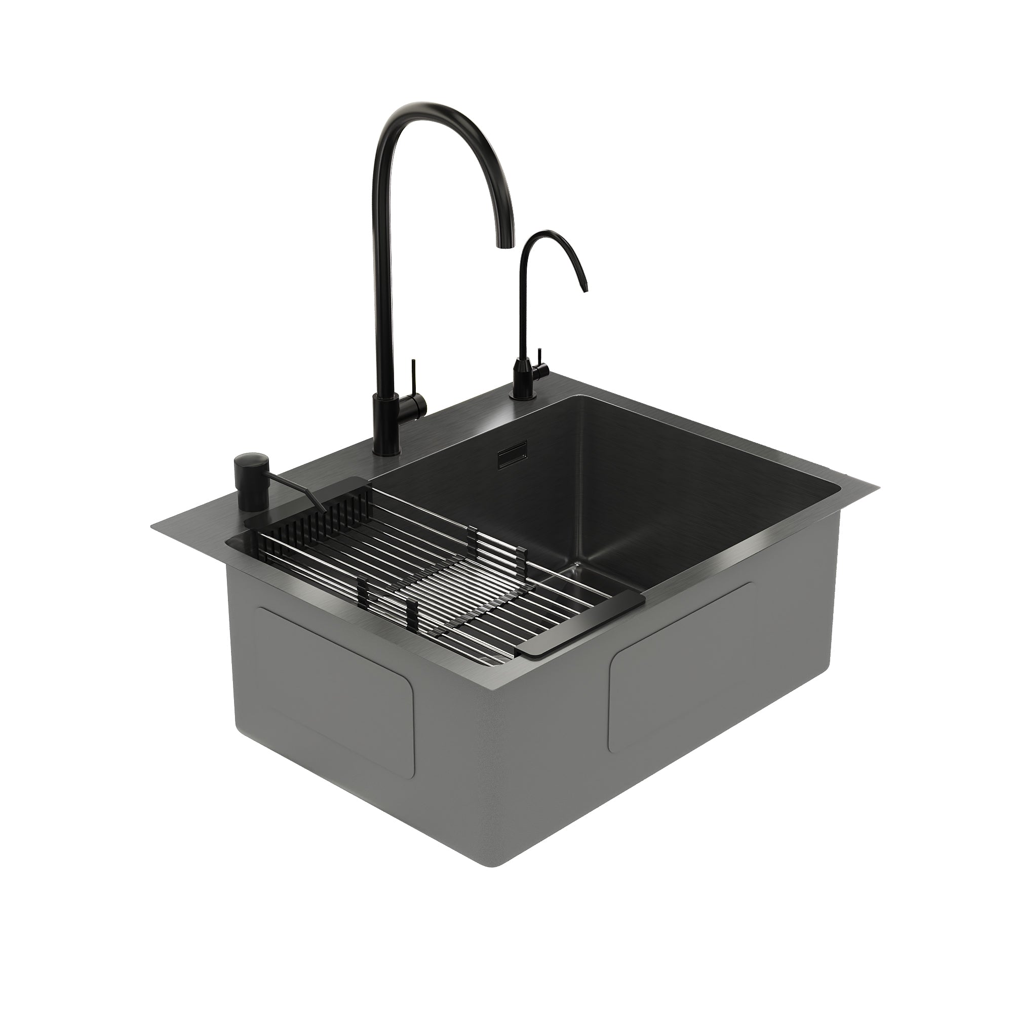DeerValley DV-EU1K0390 Évier de cuisine encastrable 55 cm x 45 cm avec ensemble robinet, évier simple en acier inoxydable noir nano, fait à la main, avec panier égouttoir rétractable et bonde à pression,FR