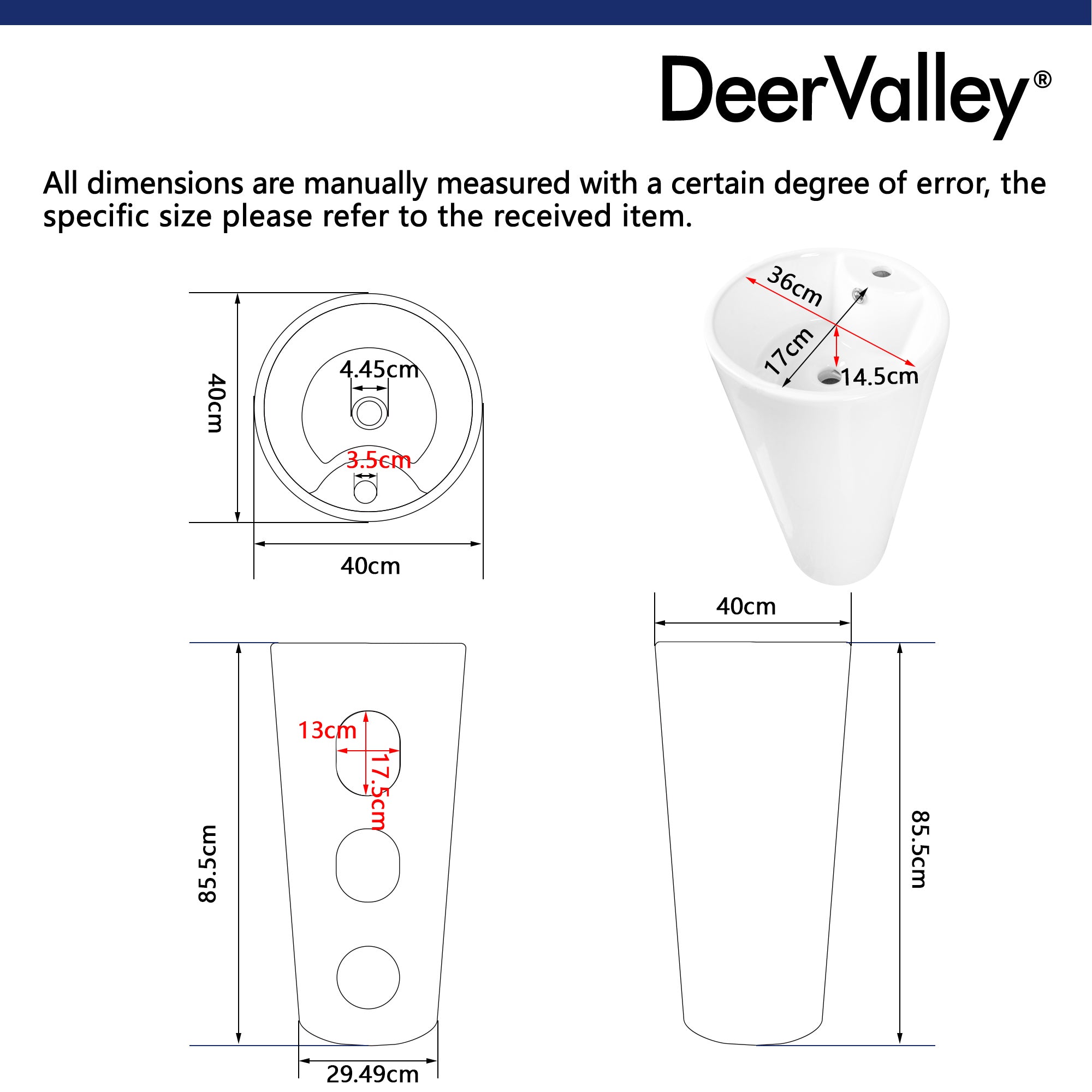 Lavabo sur pied DeerValley – Design moderne et peu encombrant avec surface résistante aux rayures et facile d'entretien 
