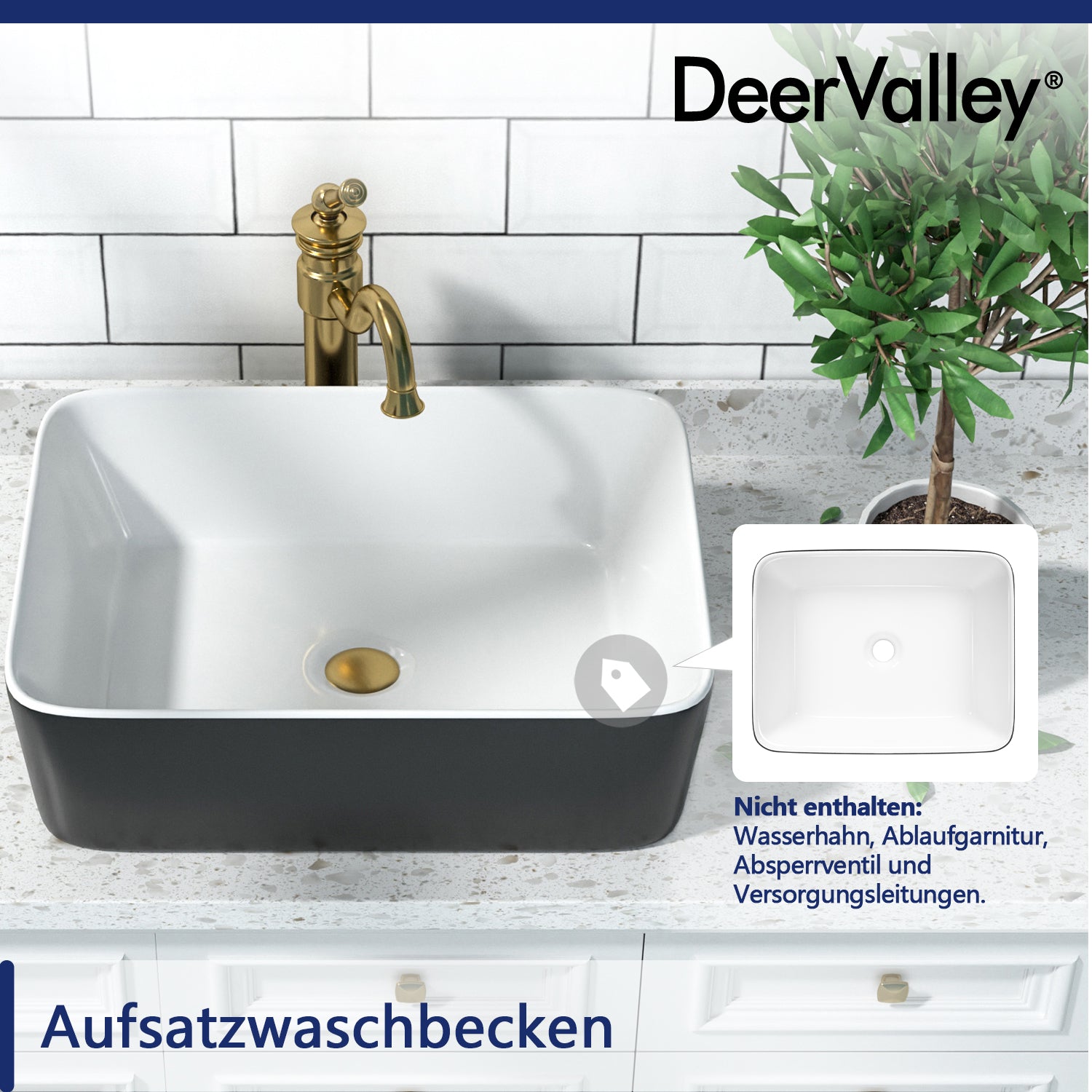 Vasque à poser DeerValley – rectangulaire, en céramique, brillante, facile d'entretien et résistante aux rayures 