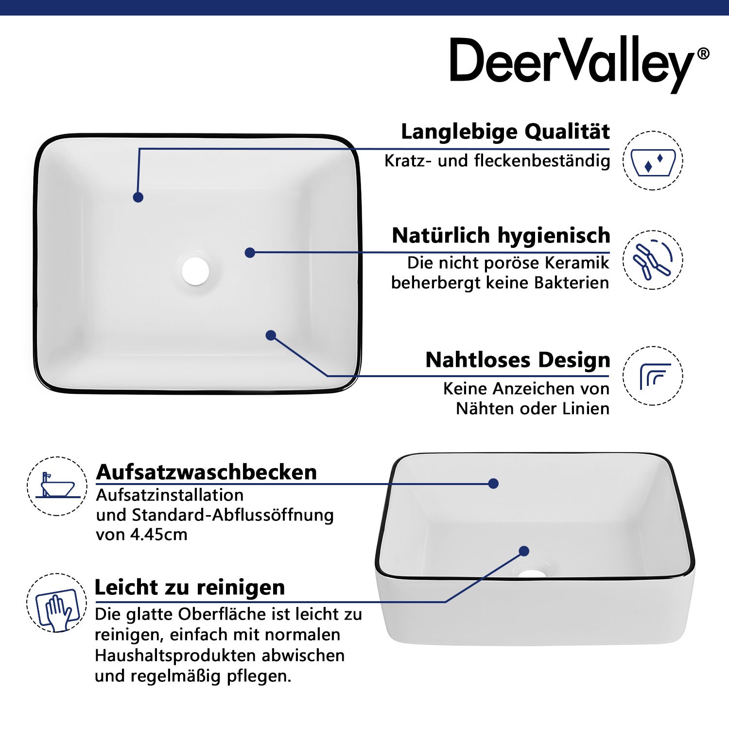 Vasque à poser DeerValley blanche avec bord noir – Design moderne et céramique durable 