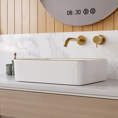 DeerValley DV-1V0365 Lavabo vasque rectangulaire 48 x 38 cm avec bordure dorée, lavabo de salle de bain en céramique blanche rectangulaire à poser sur plan, vasque artistique en porcelaine, lavabo moderne 48 cm,FR