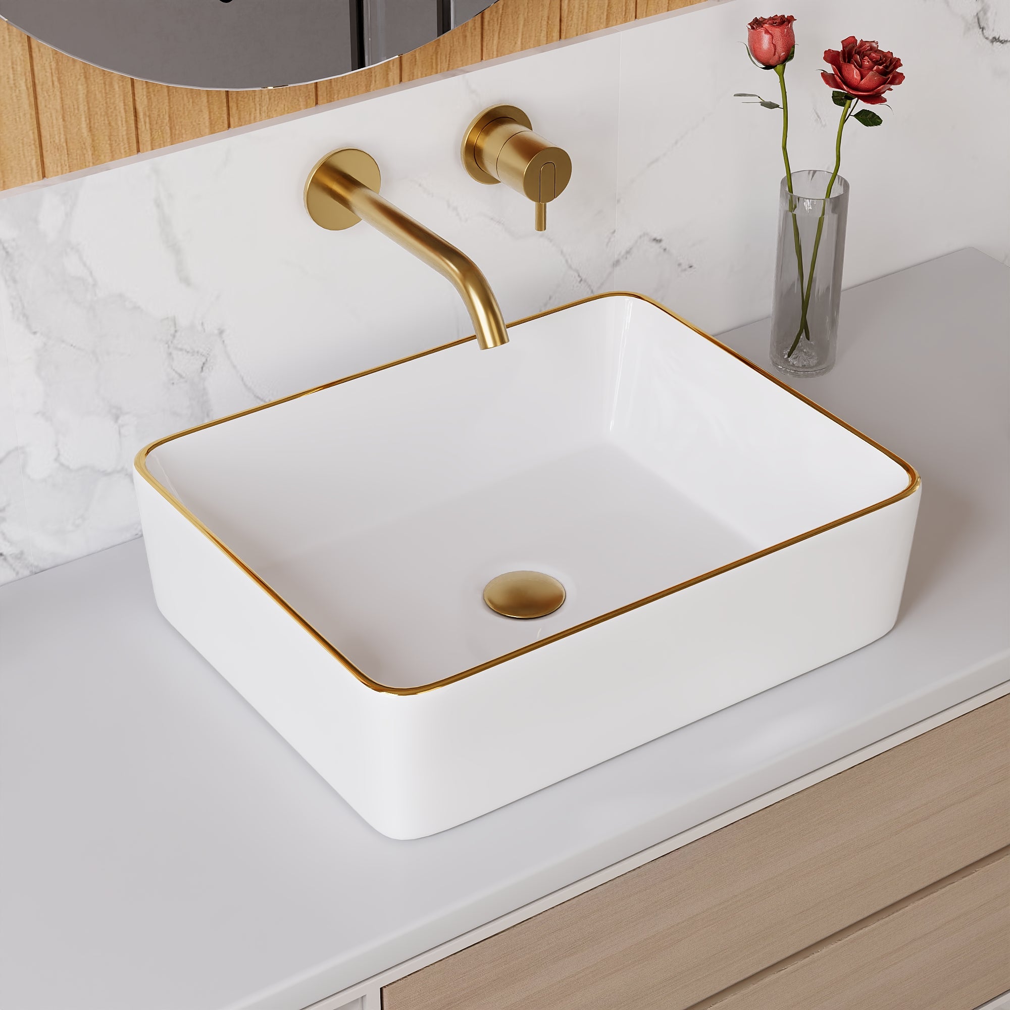 DeerValley DV-1V0365 Lavabo vasque rectangulaire 48 x 38 cm avec bordure dorée, lavabo de salle de bain en céramique blanche rectangulaire à poser sur plan, vasque artistique en porcelaine, lavabo moderne 48 cm,FR