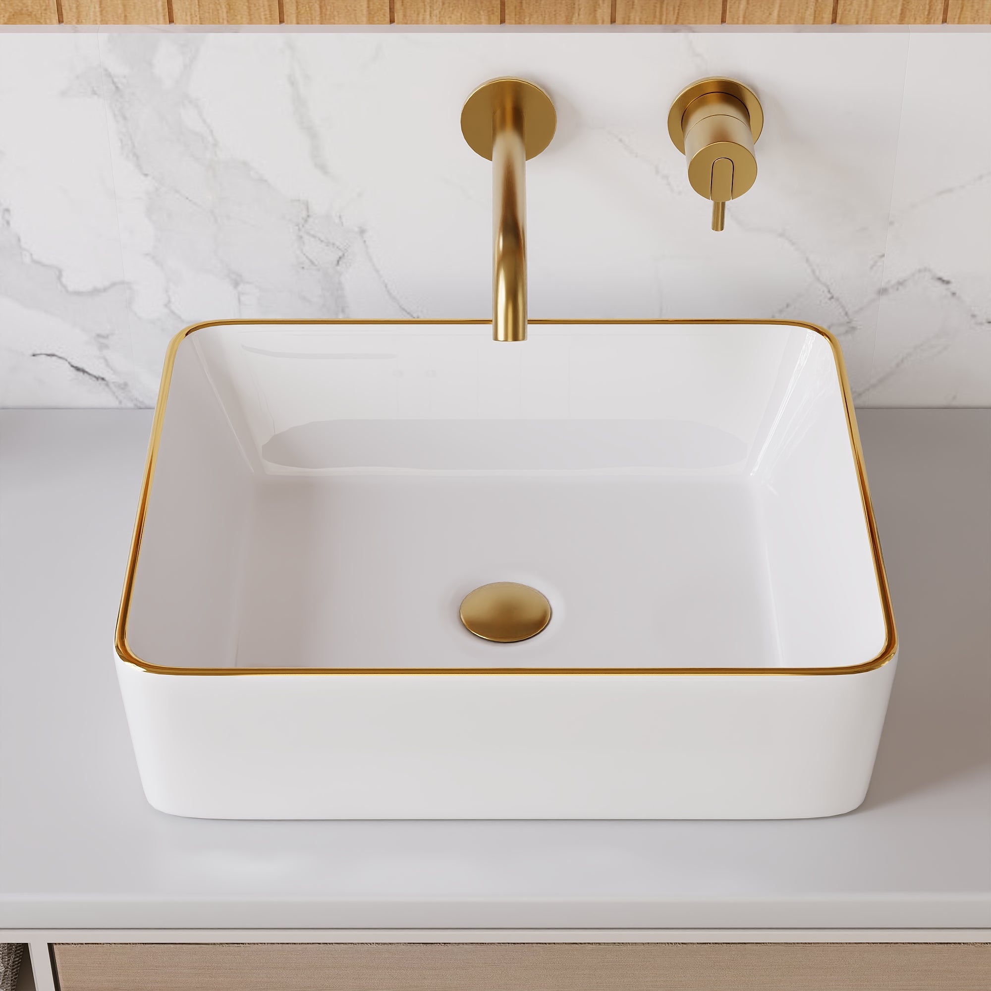 DeerValley DV-1V0365 Lavabo vasque rectangulaire 48 x 38 cm avec bordure dorée, lavabo de salle de bain en céramique blanche rectangulaire à poser sur plan, vasque artistique en porcelaine, lavabo moderne 48 cm,FR