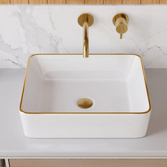 DeerValley DV-1V0365 Lavabo vasque rectangulaire 48 x 38 cm avec bordure dorée, lavabo de salle de bain en céramique blanche rectangulaire à poser sur plan, vasque artistique en porcelaine, lavabo moderne 48 cm,FR