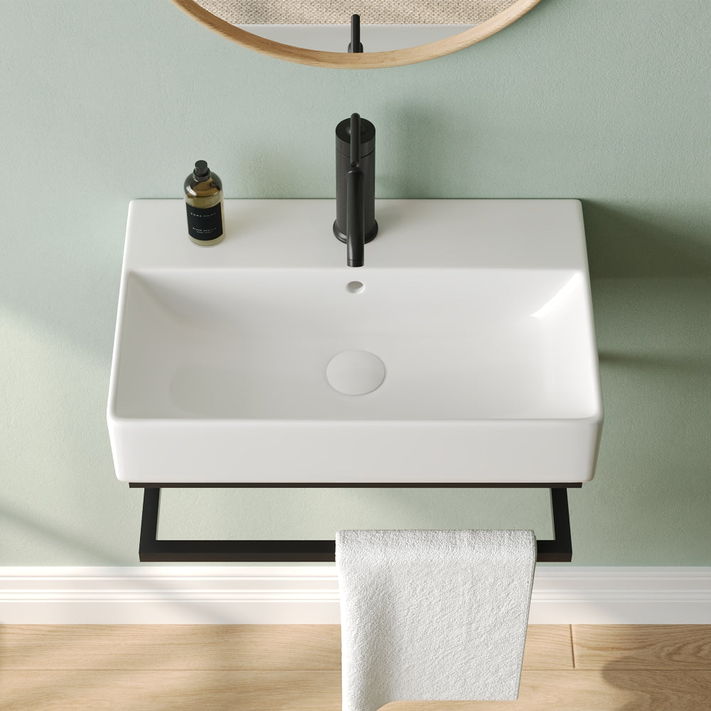 DeerValley Lavabo mural 56 x 36 cm avec barre porte-serviettes noire, lavabo rectangulaire de salle de bain avec trop-plein,FR