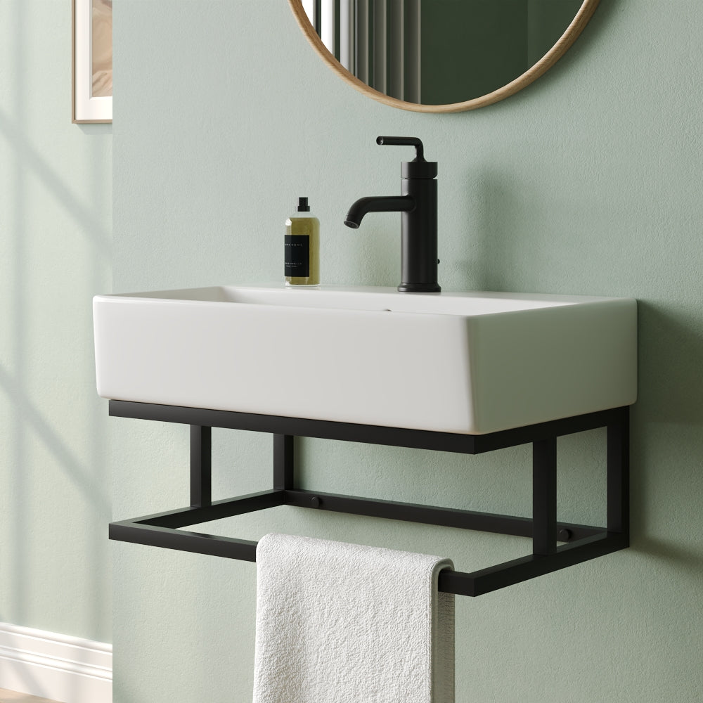 DeerValley Lavabo mural 56 x 36 cm avec barre porte-serviettes noire, lavabo rectangulaire de salle de bain avec trop-plein,FR