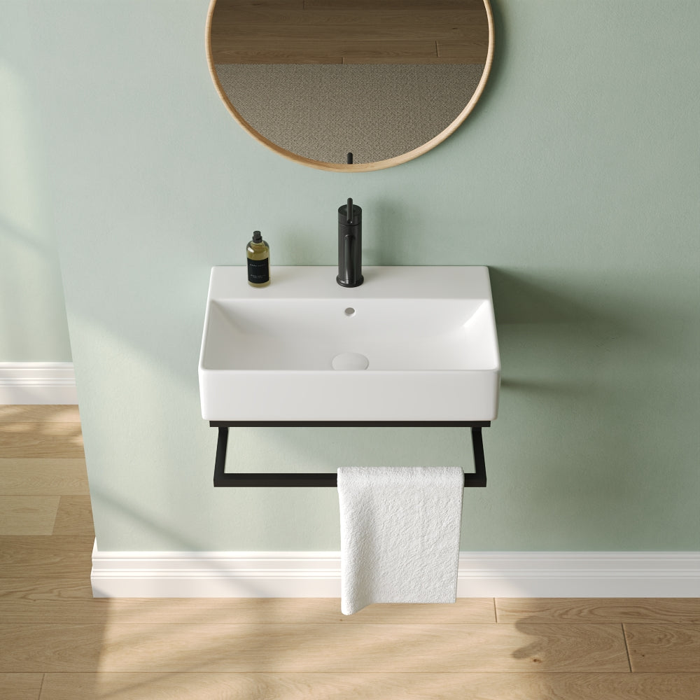 DeerValley Lavabo mural 56 x 36 cm avec barre porte-serviettes noire, lavabo rectangulaire de salle de bain avec trop-plein,FR