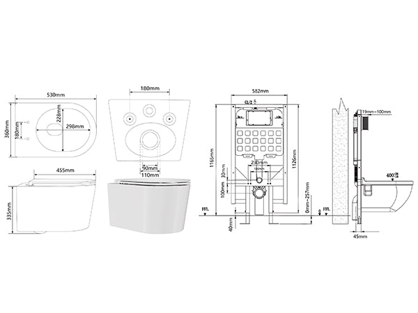 DeerValley DV-EU1F0379 WC suspendu avec réservoir encastré, chasse double sans bride 4,2/6,1 L, cuvette allongée céramique suspendue, ensemble WC mural moderne gain de place,FR