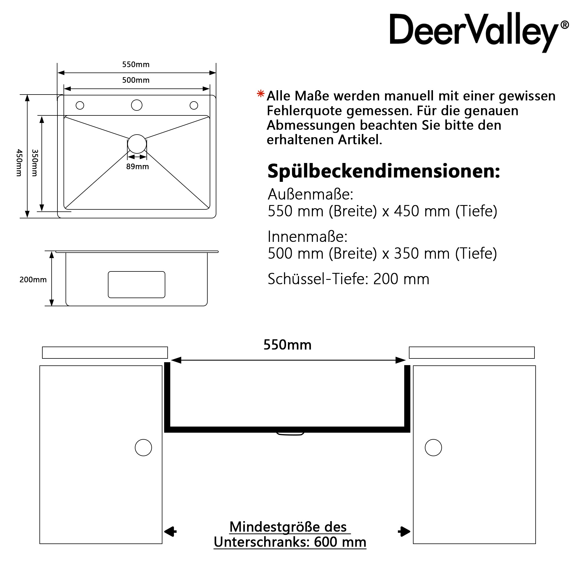 DeerValley DV-EU1K0390 55 cm x 45 cm Einbau-Küchenspüle mit Wasserhahn-Set, Nano-Schwarz Edelstahl Handgefertigte Aufsatzspüle mit großem Einzelbecken, ausziehbarem Abtropfkorb und Pop-up-Ablauf,DE