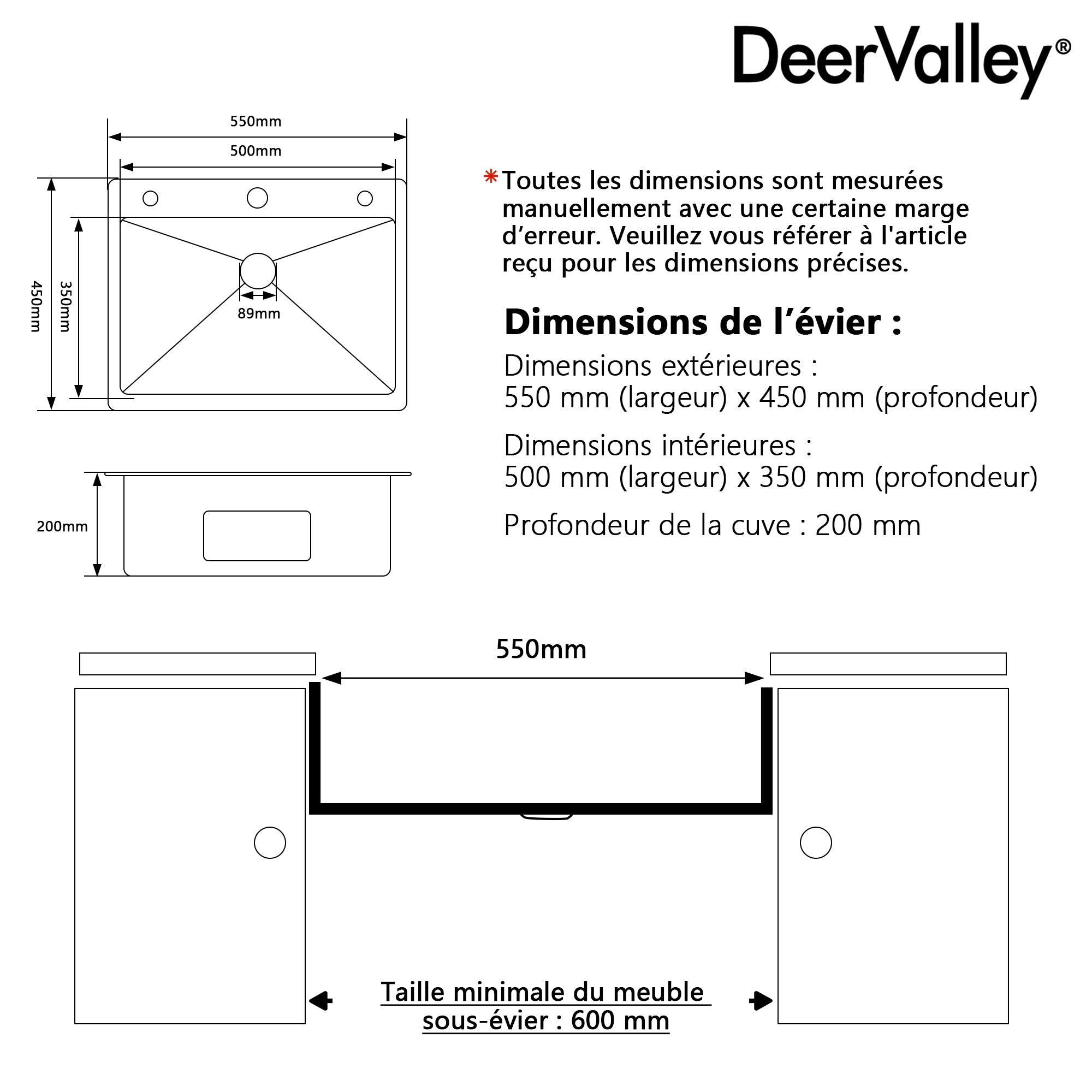 DeerValley DV-EU1K0390 Évier de cuisine encastrable 55 cm x 45 cm avec ensemble robinet, évier simple en acier inoxydable noir nano, fait à la main, avec panier égouttoir rétractable et bonde à pression,FR