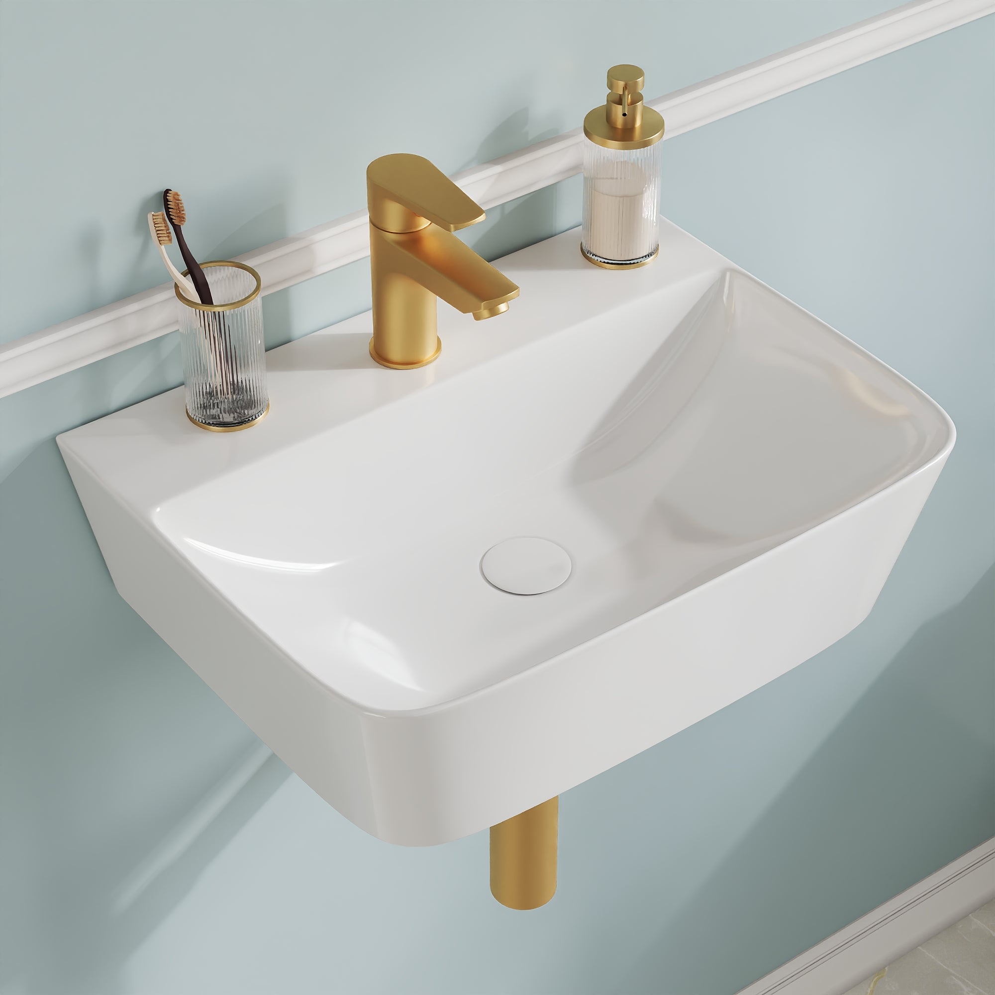 DeerValley DV-EU1WS0433 Wandmontiertes Badezimmer-Waschbecken, Rechteckiges Keramikbecken, Modernes Weiß, Wand- oder Aufsatzmontage, Ohne Überlauf, Mit Wasserloch, 41×32×12 cm,DE