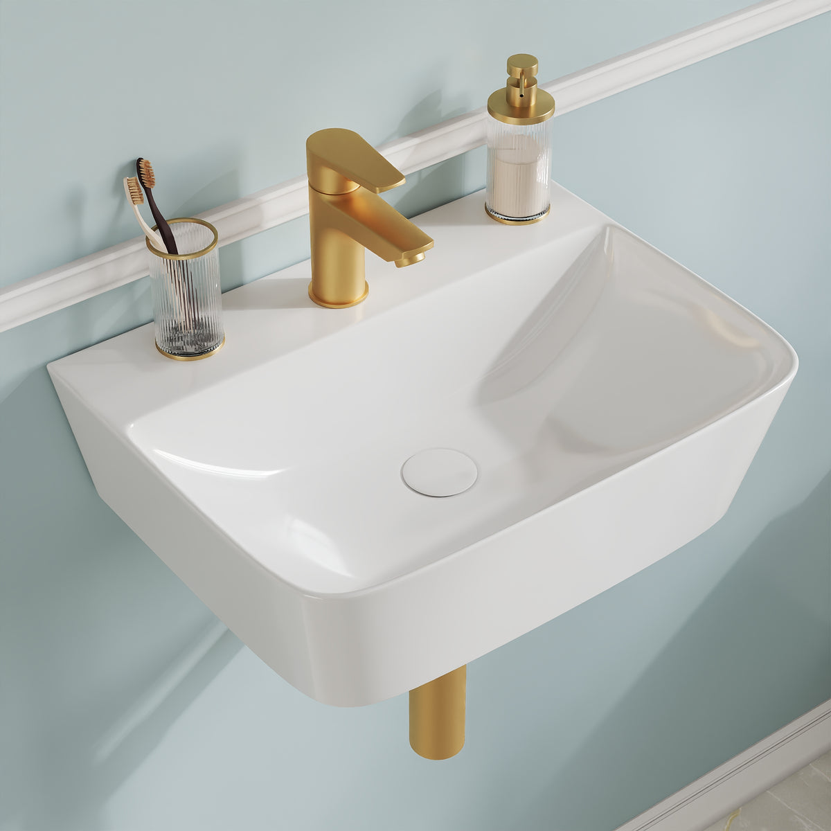 DeerValley DV-EU1WS0433 Wandmontiertes Badezimmer-Waschbecken, Rechteckiges Keramikbecken, Modernes Weiß, Wand- oder Aufsatzmontage, Ohne Überlauf, Mit Wasserloch, 41×32×12 cm,DE